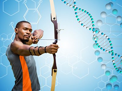 Archer man with blue and white dna chain in a blue background.