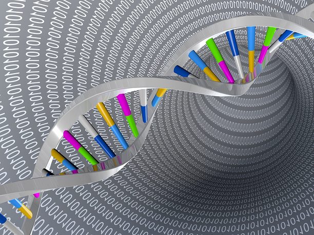 DNA test and research abstract illustration with colorful dna model and numbers.